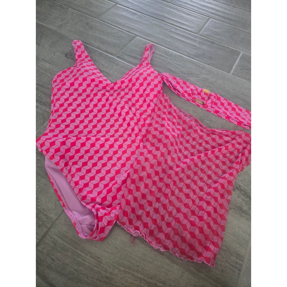 Jessica Simpson Pink Geometric Print One Piece Swimsuit Mesh Sarong and Belt Set